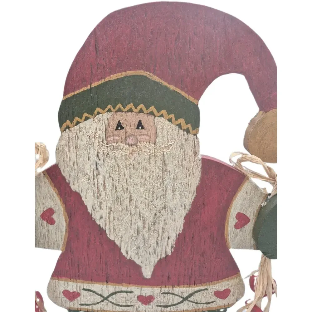 Vintage Tole Painted Wood Santa with Red Hearts Free-standing 15x11x2